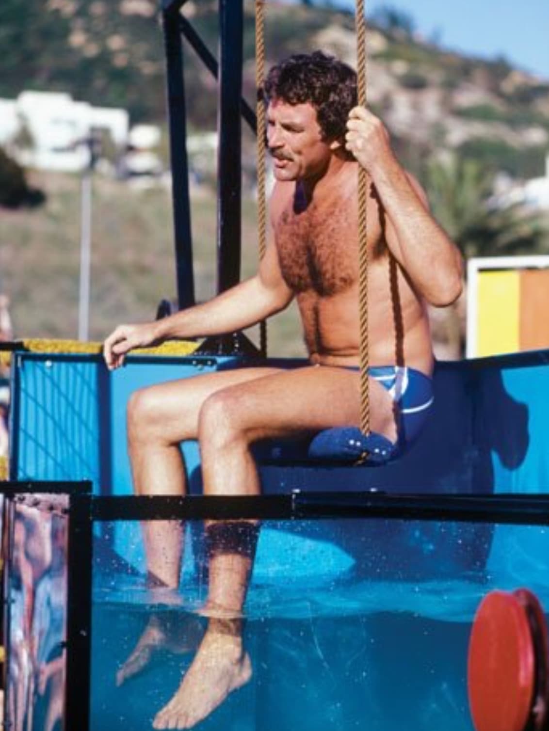 “Tom Selleck in the dunk tank, Battle of the Network Stars, 1980s.”